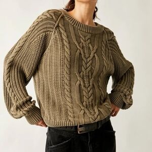 Anthropologie Free People Cable Knit Frankie Sweater In Olive Stone